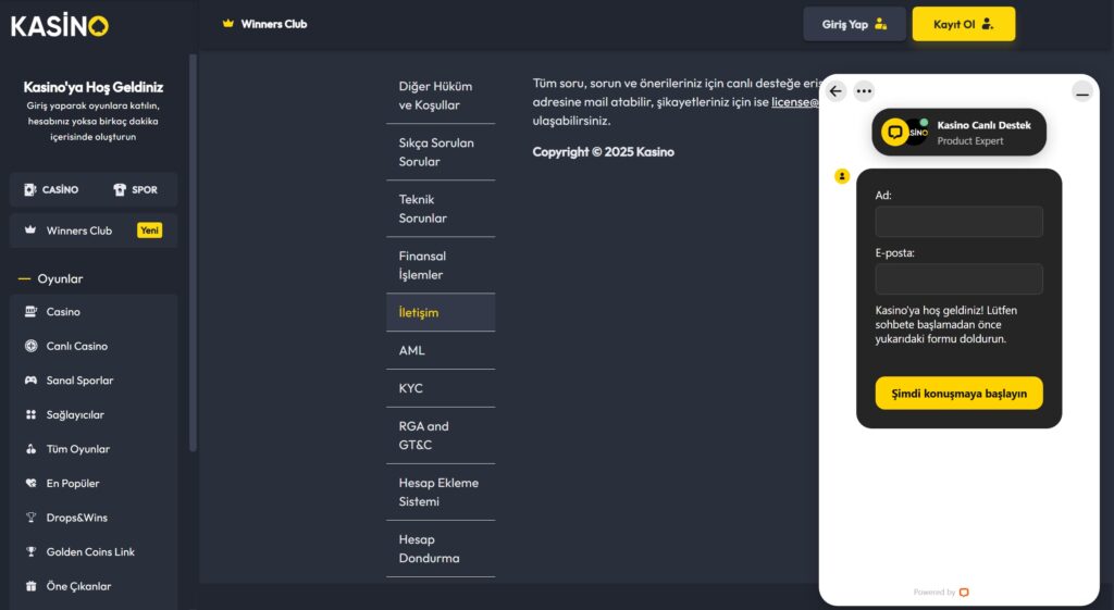 kasino iletişim
